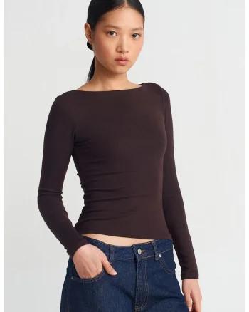 Bluza dama,  bluza cu guler barcuta, maneca lunga, maro cafea, bumbac/modal/elastan