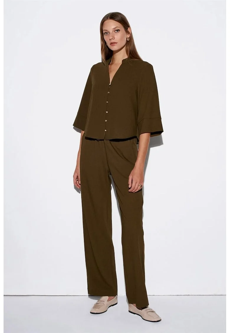 Pantaloni dama,  picior larg, elastic, poliester, Verde masliniu
