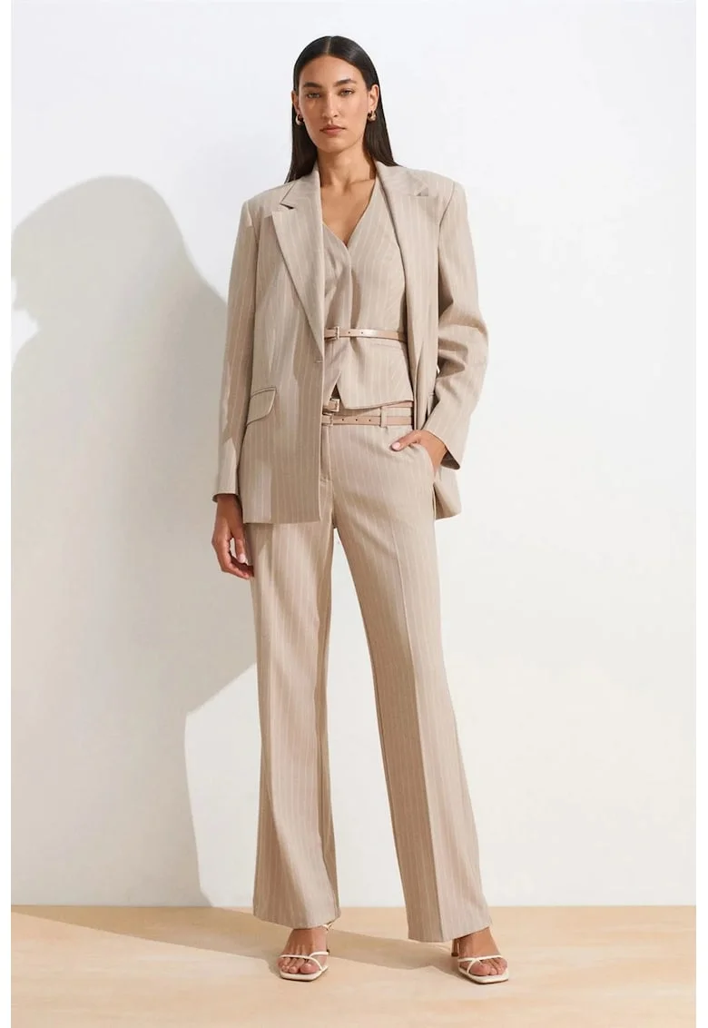Pantaloni dama,  cu dungi, croiala dreapta, cu curea, Bej Natural, poliester-viscoza-elastan