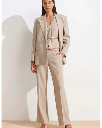 Pantaloni dama,  cu dungi, croiala dreapta, cu curea, Bej Natural, poliester-viscoza-elastan