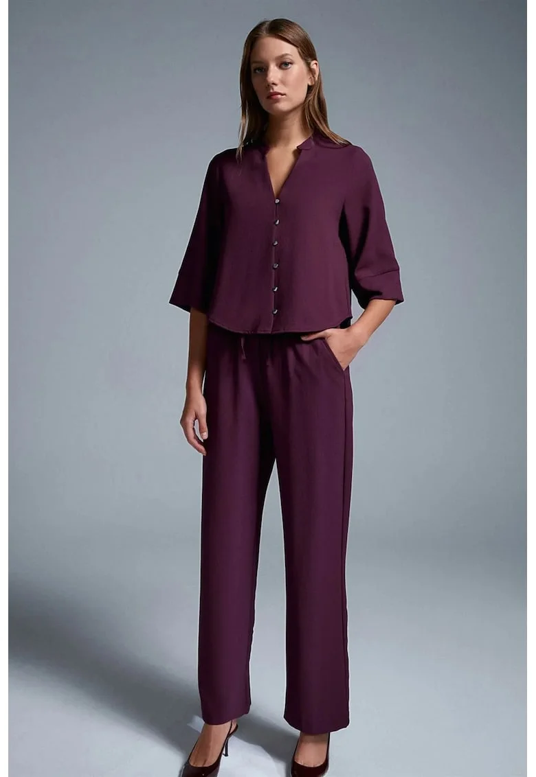 Pantaloni dama,  picior larg, rosu burgundy, 100% poliester