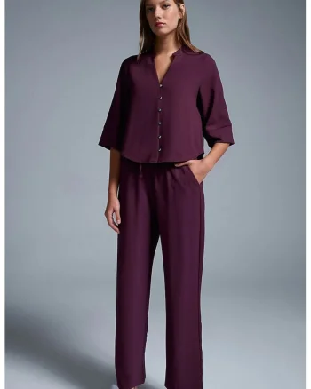 Pantaloni dama,  picior larg, rosu burgundy, 100% poliester
