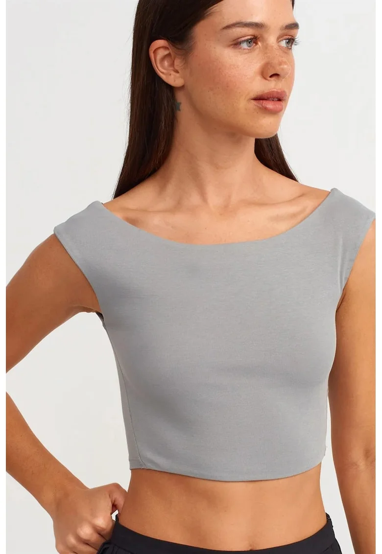 Tricou dama,  tricou fara maneci crop, gri deschis, bumbac
