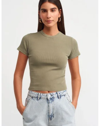 Tricou Crop,  Slim Fit, Efect spalat, Verde Kaki, Bumbac cu elastan