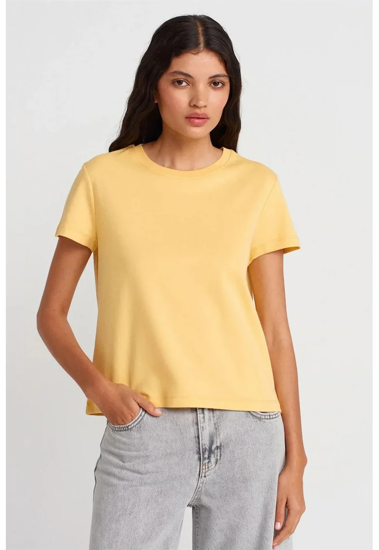 Tricou dama  regular fit, cu nervuri, galben lamaie, 100% bumbac
