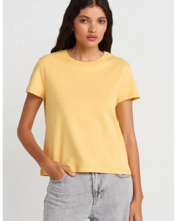 Tricou dama  regular fit, cu nervuri, galben lamaie, 100% bumbac
