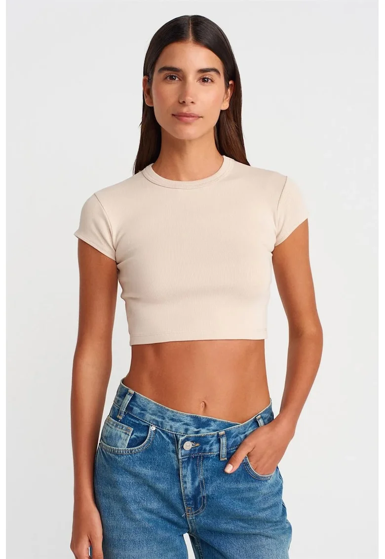 Tricou dama  crop slim fit, bej natural, bumbac cu elastan, maneca scurta