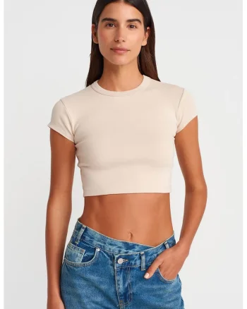 Tricou dama  crop slim fit, bej natural, bumbac cu elastan, maneca scurta