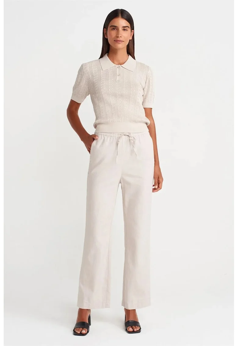 Pantaloni dama,  Wide-Leg, detalii cu snur, alb prafuit, 100% Tencel