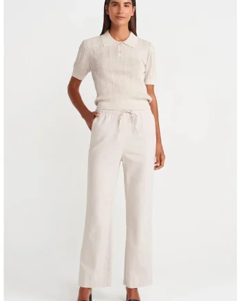 Pantaloni dama,  Wide-Leg, detalii cu snur, alb prafuit, 100% Tencel