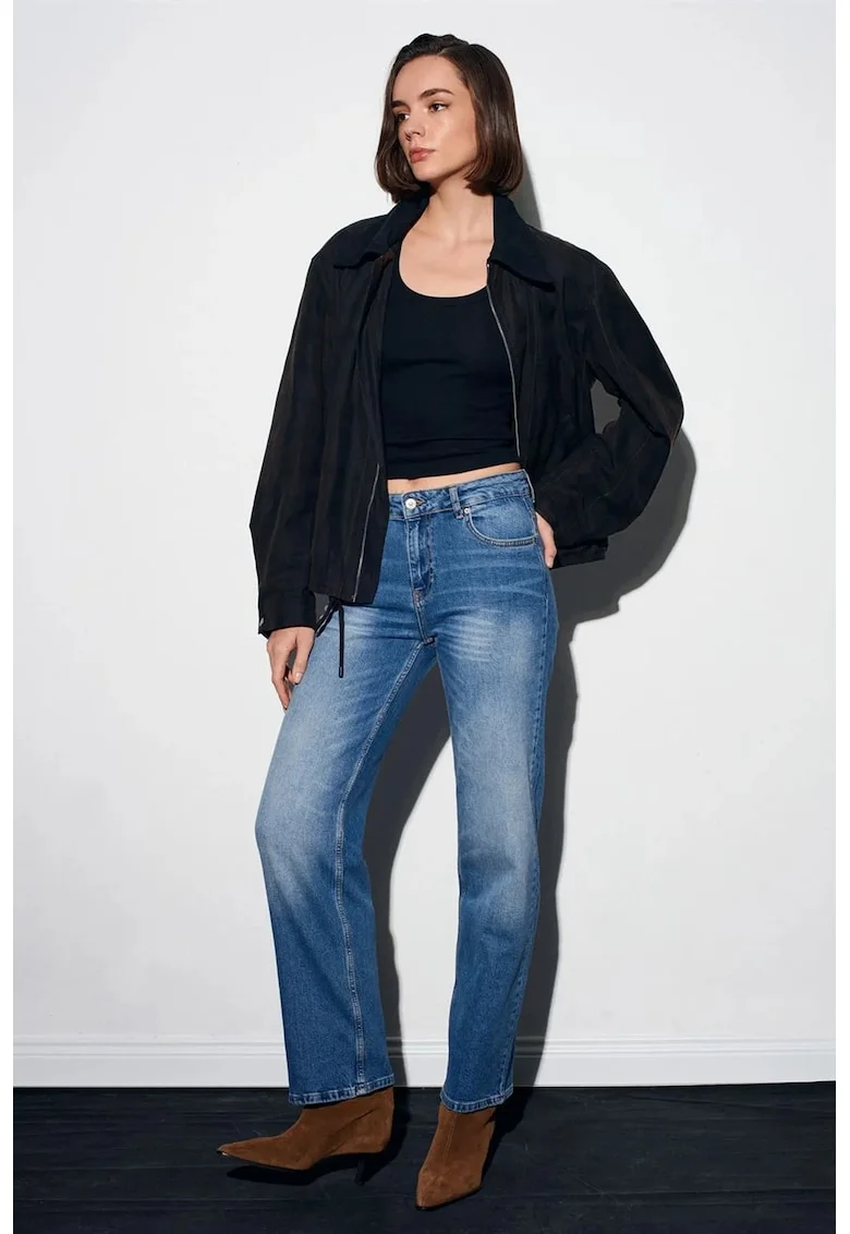 Blugi dama,  talie inalta, picior larg, denim albastru mediu, 99% bumbac