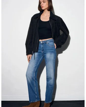 Blugi dama,  talie inalta, picior larg, denim albastru mediu, 99% bumbac