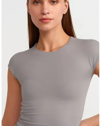 Tricouri dama,  tricou slim fit, gri ardezie, 90% nailon, 10% elastan