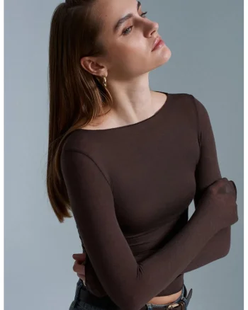 Bluza dama,  Bluza Slim Fit, maneca lunga, maro cafea, drapaj