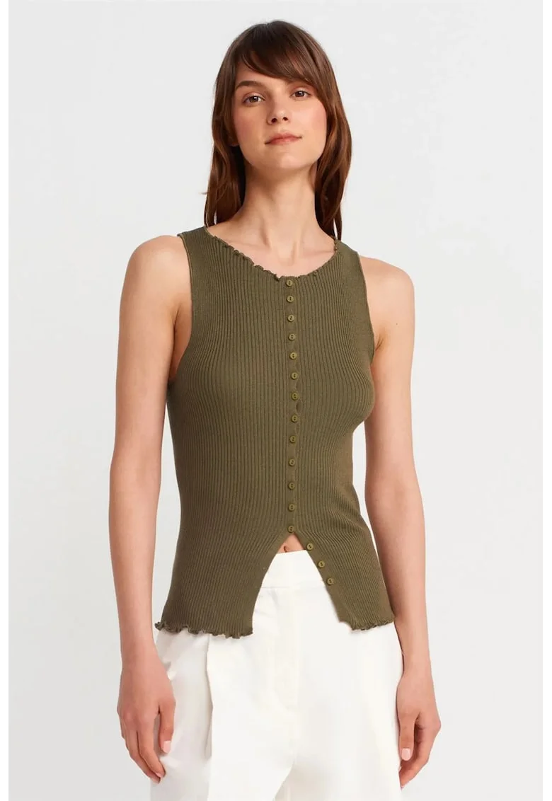 Tricou femei,  fara maneci, slim fit, verde kaki, tricot viscoza-acril-poliamida,