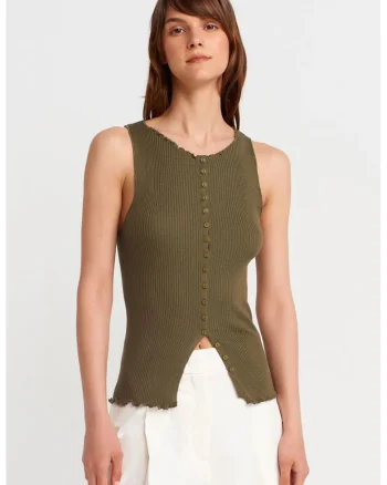 Tricou femei,  fara maneci, slim fit, verde kaki, tricot viscoza-acril-poliamida,