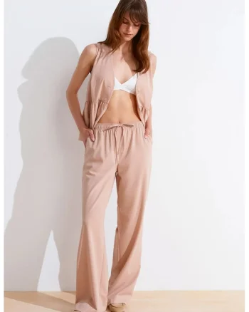 Pantaloni dama,  croiala larga, roz pudrat, jerseu lycra