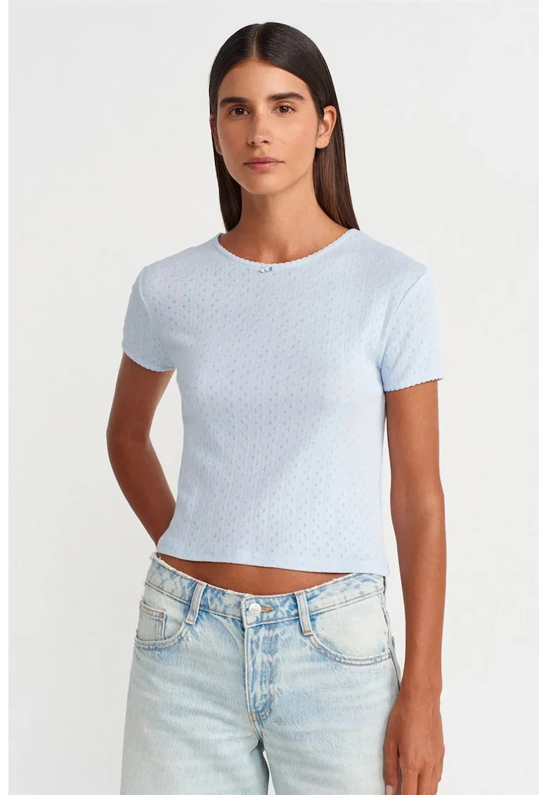 Tricou crop,  slim fit, albastru deschis, bumbac/modal