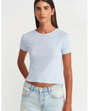 Tricou crop,  slim fit, albastru deschis, bumbac/modal
