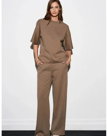 Pantaloni dama,  tricotati, elastic, maro camel, 80% bumbac