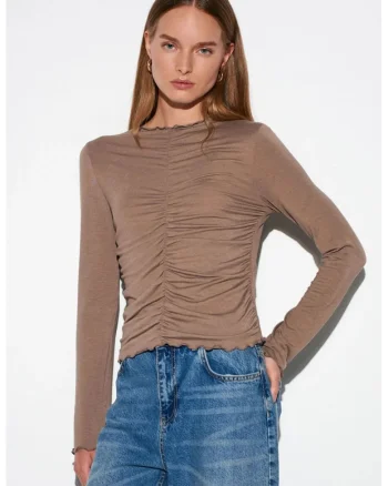 Bluza dama,  slim fit, maneca lunga, maro camel, jerseu