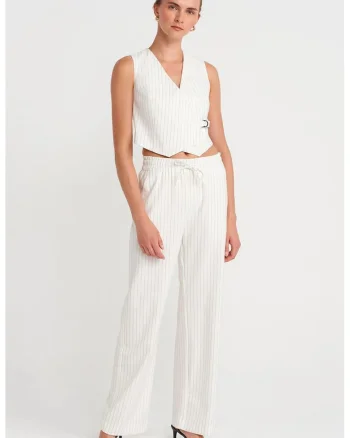 Pantaloni dama,  picior larg, elastic, alb prafuit, poliester-viscoza-elastan
