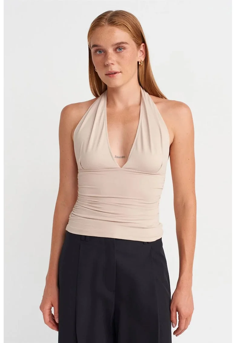 Bluza dama,  Bluza Slim-fit cu guler halter, elegant, bej natural, 93% nailon, 7% elastan