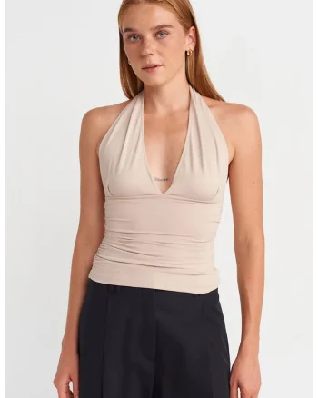 Bluza dama,  Bluza Slim-fit cu guler halter, elegant, bej natural, 93% nailon, 7% elastan