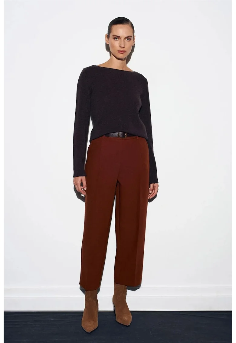 Pantaloni dama,  croiala dreapta, talie cu cordon, Maro Nuc, tesatura crep