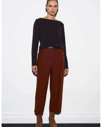 Pantaloni dama,  croiala dreapta, talie cu cordon, Maro Nuc, tesatura crep