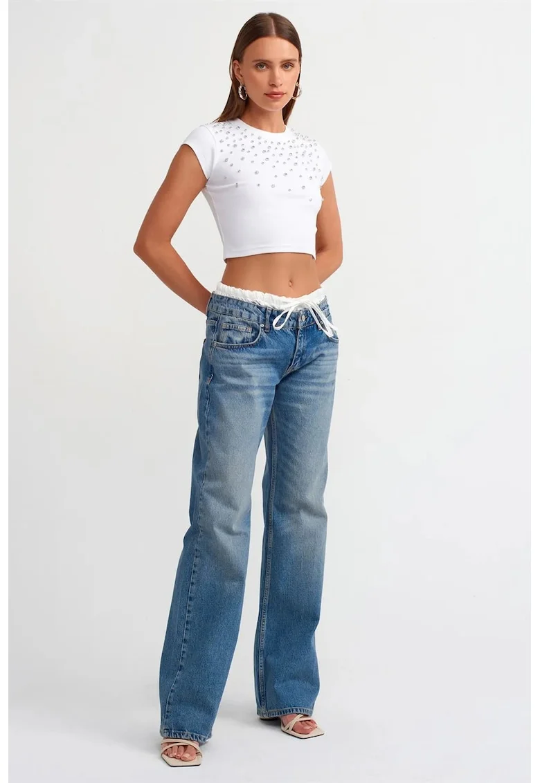 Blugi dama,  talie medie, croiala dreapta, denim albastru mediu, 100% bumbac