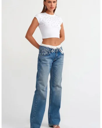 Blugi dama,  talie medie, croiala dreapta, denim albastru mediu, 100% bumbac