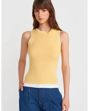 Bluza dama,  bumbac reiat, casual, galben lamaie, fara maneci