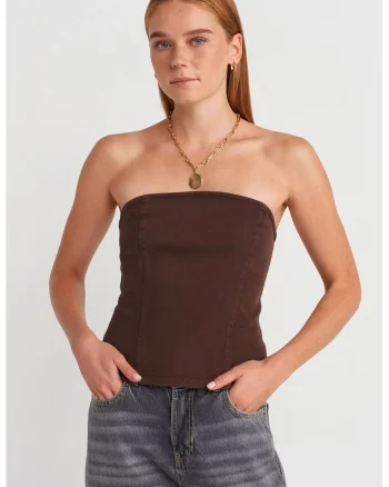 Bluza dama,  fara bretele, maro cafea, bumbac cu elastan