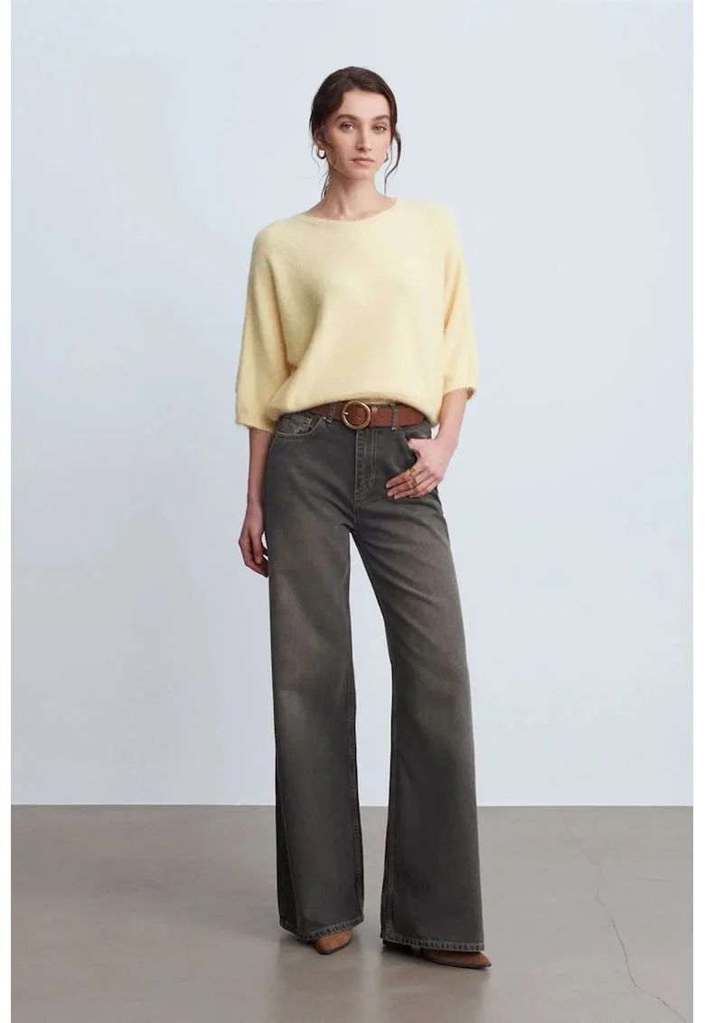 Blugi dama,  talie inalta, croiala larga, gri inchis, denim