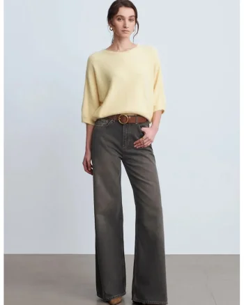 Blugi dama,  talie inalta, croiala larga, gri inchis, denim