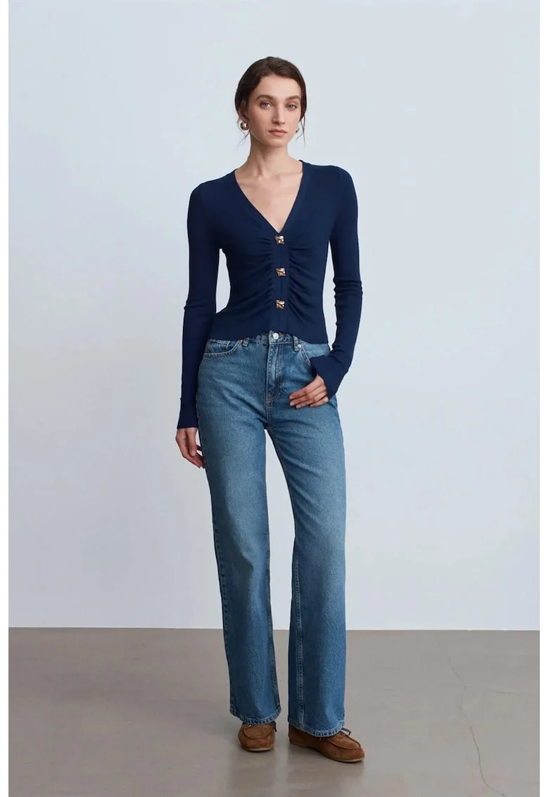Blugi dama,  talie inalta, croiala larga denim albastru mediu, 100% bumbac