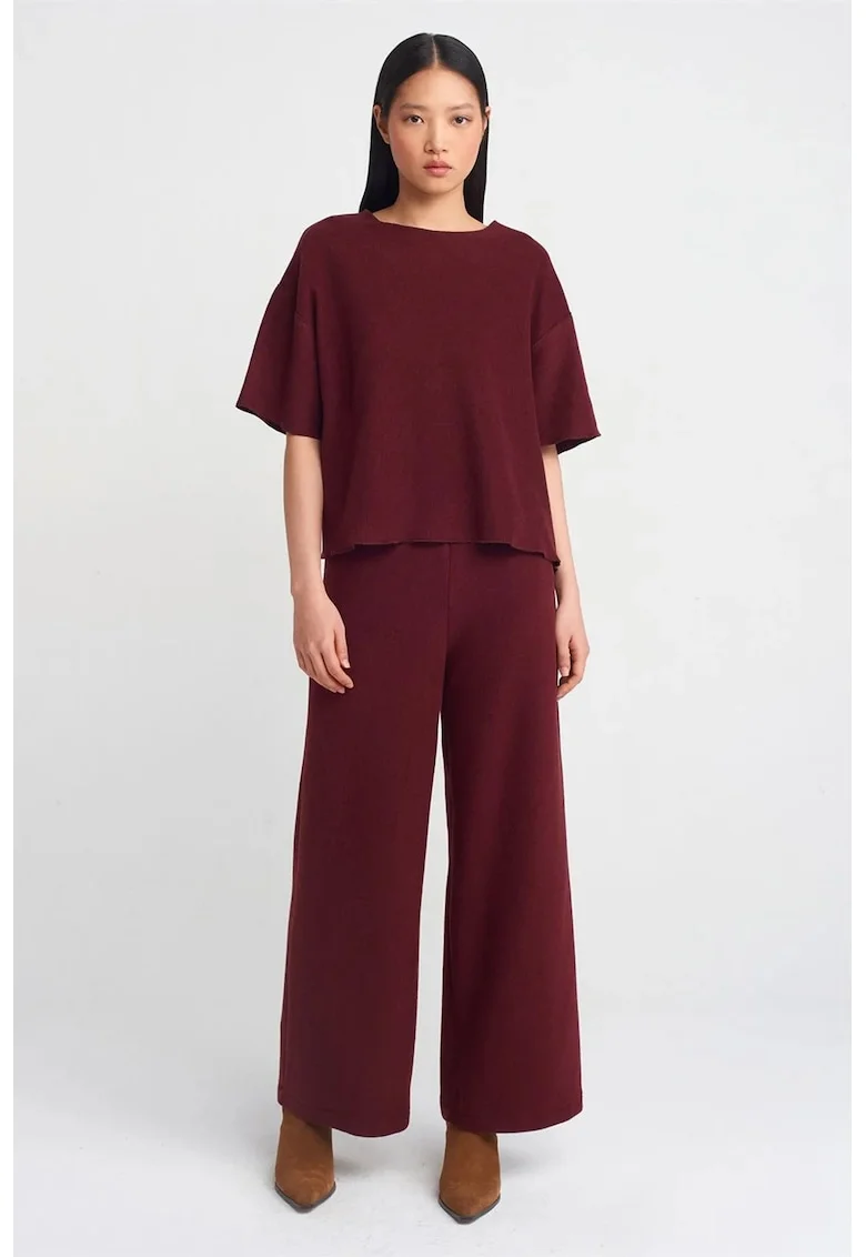 Pantaloni dama,  tricotati, talie inalta, picior larg, rosu burgund, poliester-bumbac