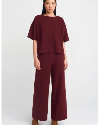 Pantaloni dama,  tricotati, talie inalta, picior larg, rosu burgund, poliester-bumbac