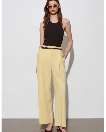 Pantaloni dama,  talie inalta, croiala larga, galben lamaie, crep