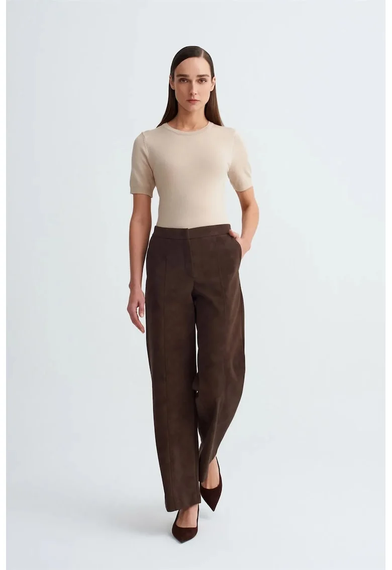 Pantaloni dama,  cu talie inalta, croiala larga, maro cafea, imitatie de piele intoarsa