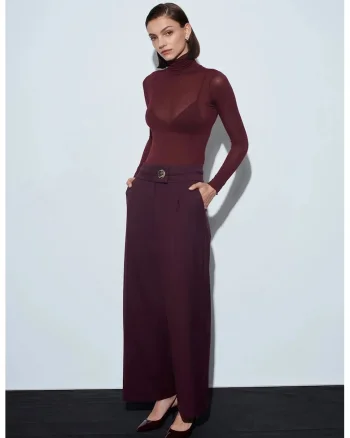 Pantaloni dama,  talie inalta, picior larg, rosu burgundy, crep