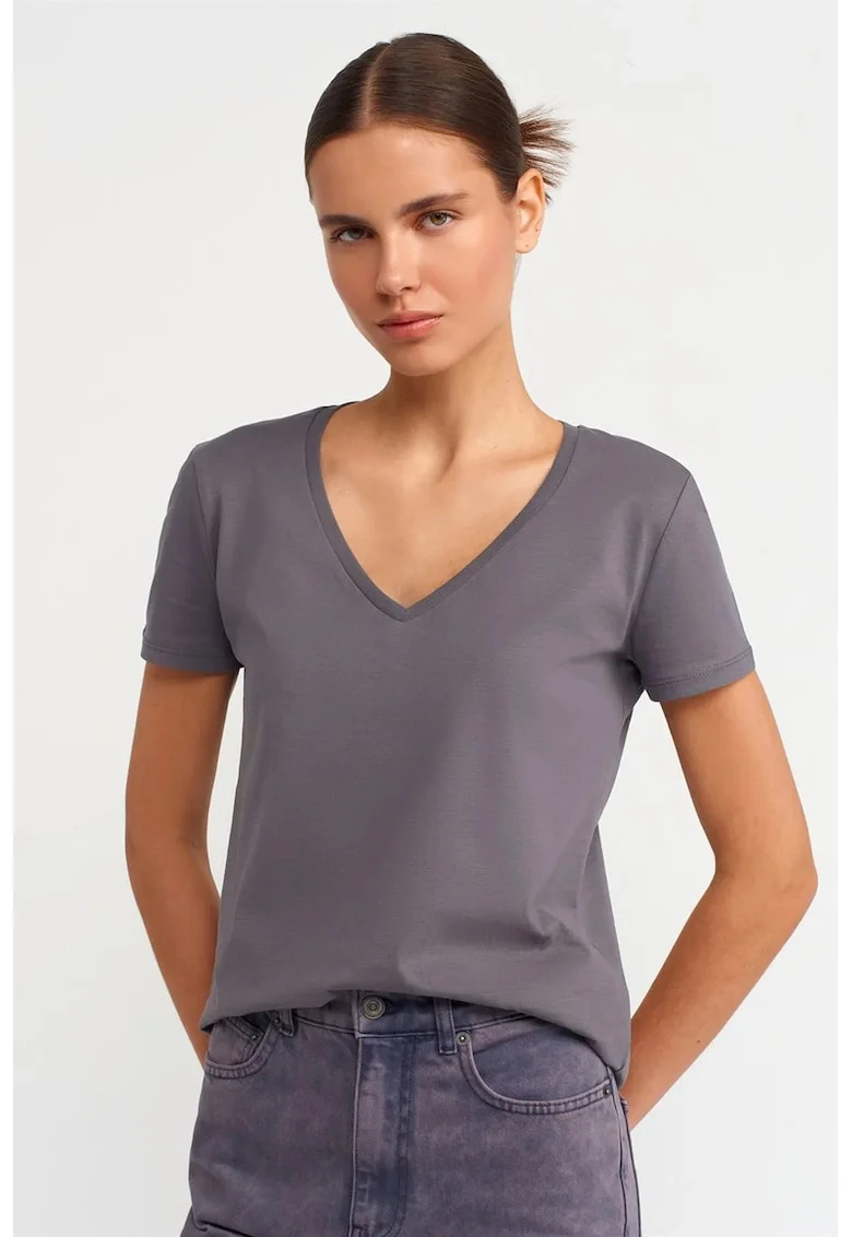 Tricou dama  gri ardezie, bumbac, maneci scurte, croiala regular