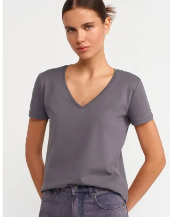 Tricou dama  gri ardezie, bumbac, maneci scurte, croiala regular