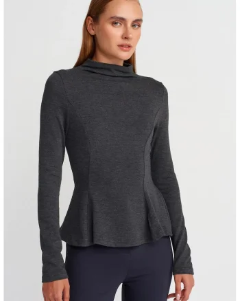Bluza dama,  peplum mulata, gri antracit, casual, maneca lunga
