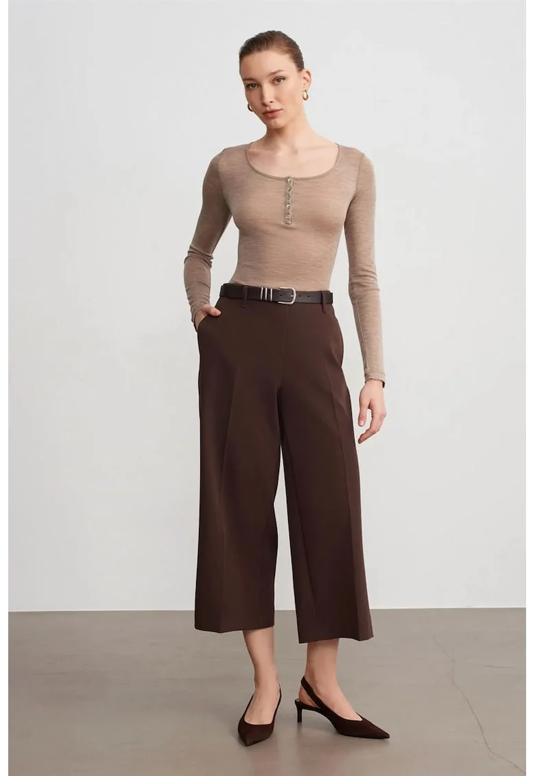 Pantaloni culottes,  talie inalta, cu curea, Maro Cafea, crep