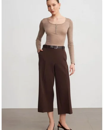 Pantaloni culottes,  talie inalta, cu curea, Maro Cafea, crep
