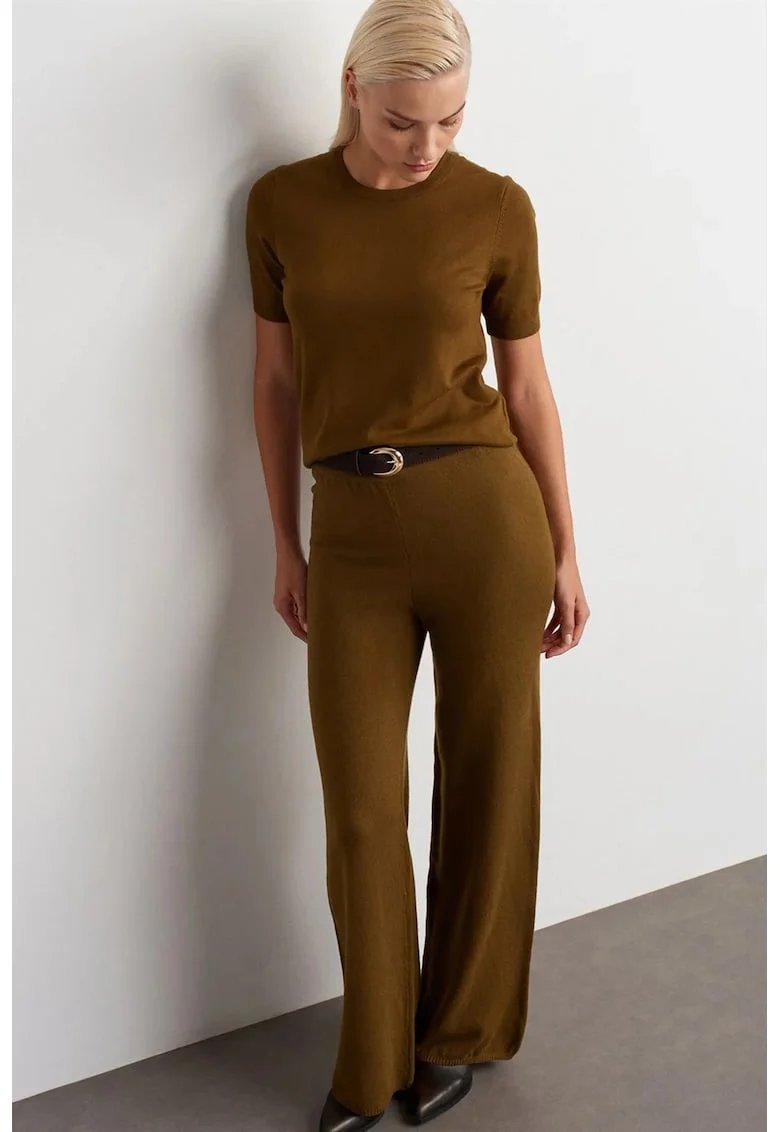 Pantaloni dama,  tricotati cu picior larg, elastic, verde olive, casual,