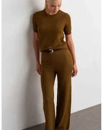 Pantaloni dama,  tricotati cu picior larg, elastic, verde olive, casual,