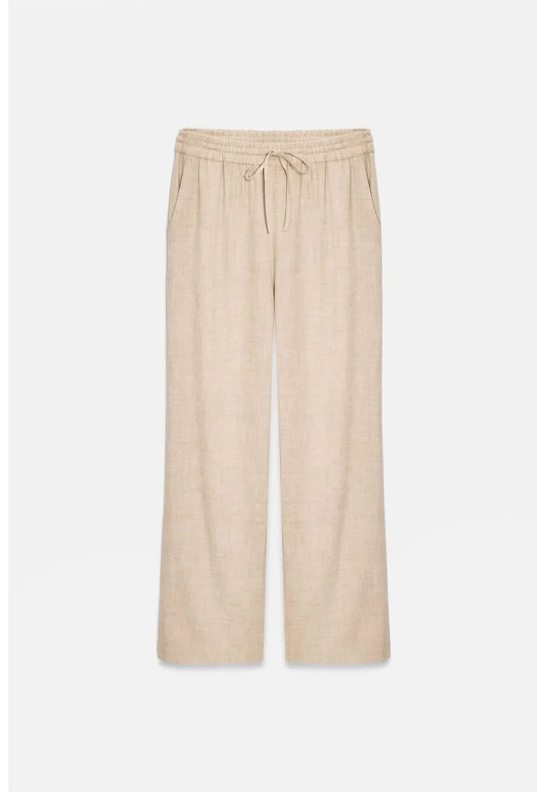 Pantaloni dama,  picior larg, bej natural, poliester-bumbac